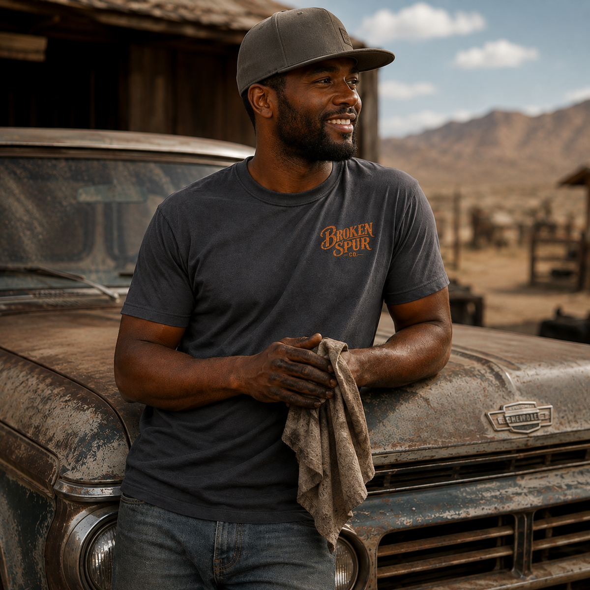 Lifestyle view of The Fence Ranch Hand T-shirt featuring ranch hands learning the work along a fence line