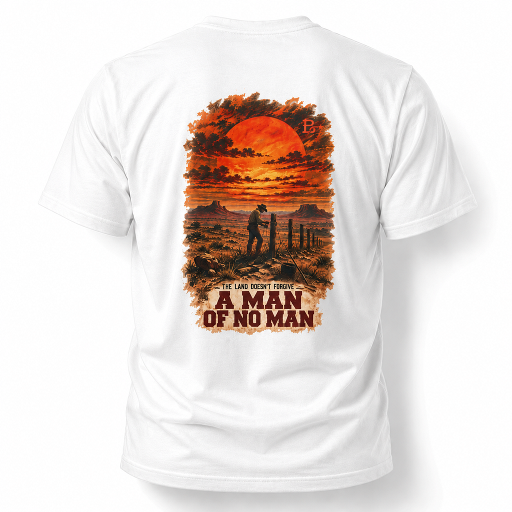 White A Man of No Man Western Work T-shirt, back view featuring a solitary ranch hand and the No Audience Required design