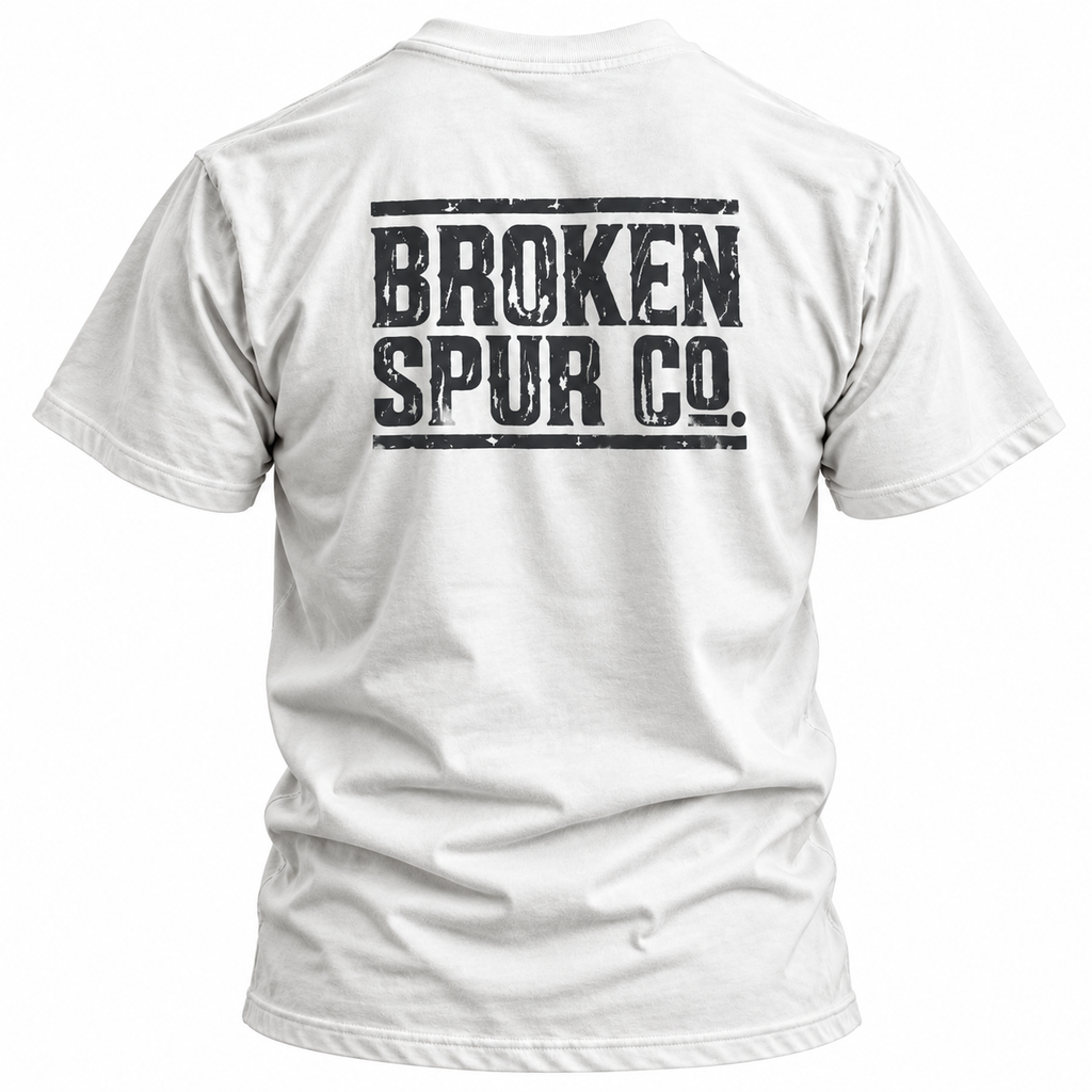 White Ruled Letterpress T-shirt, back view featuring the ruled Broken Spur letterpress wordmark