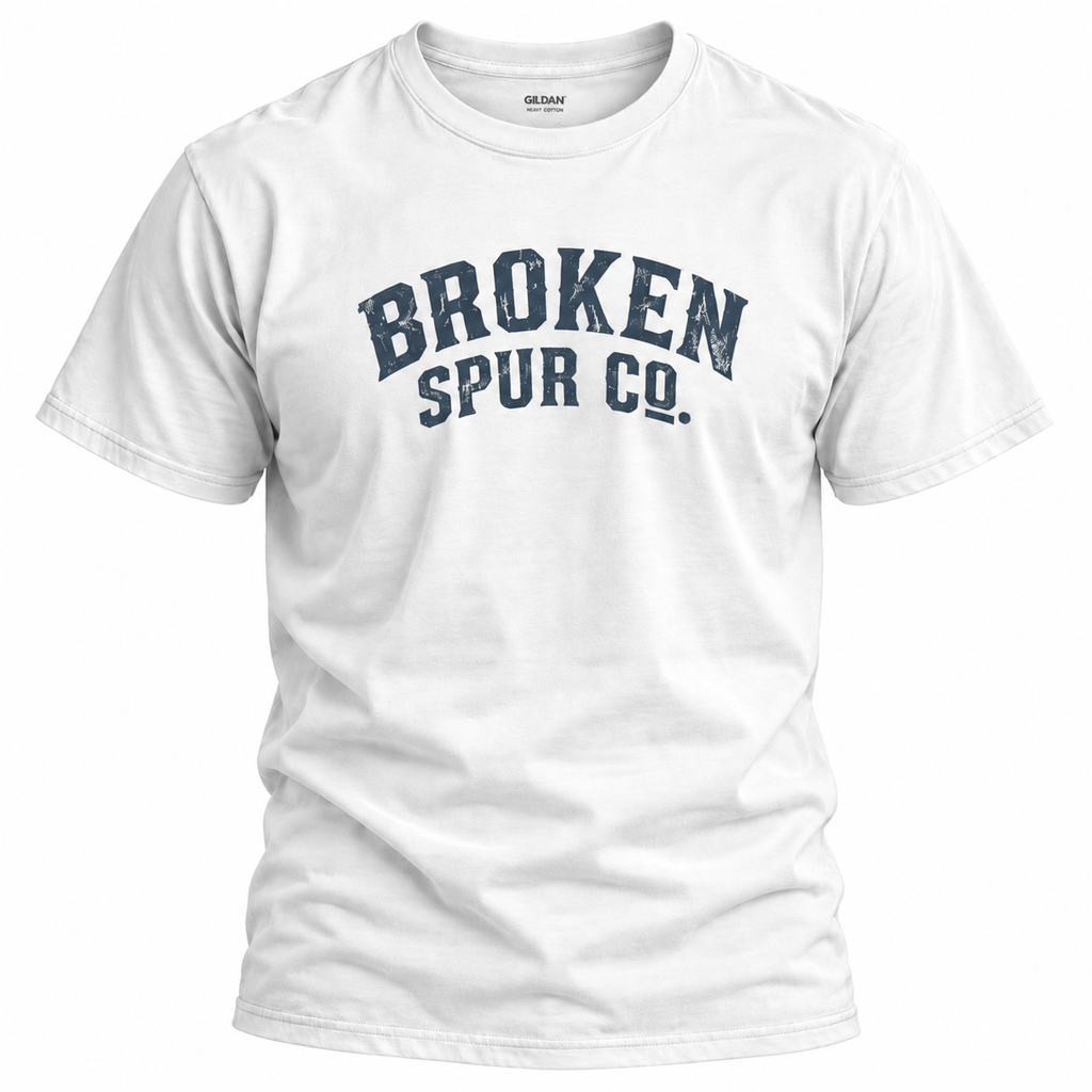 White Curved Western Typography T-shirt, front view featuring the curved, weathered Broken Spur wordmark