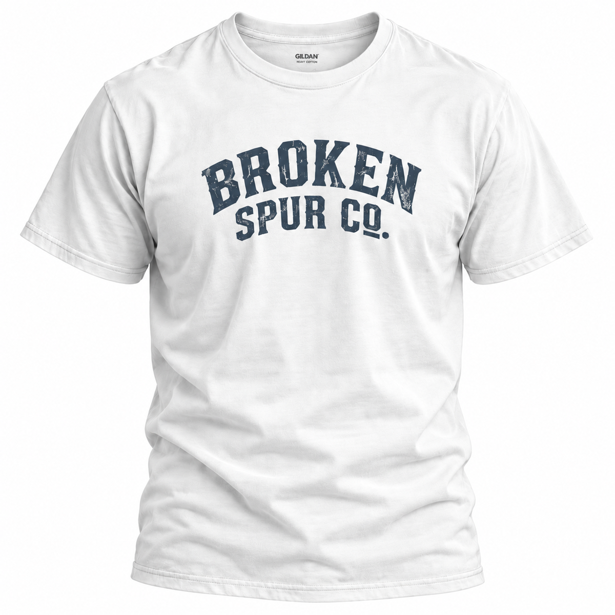 White Curved Western Typography T-shirt, front view featuring the curved, weathered Broken Spur wordmark