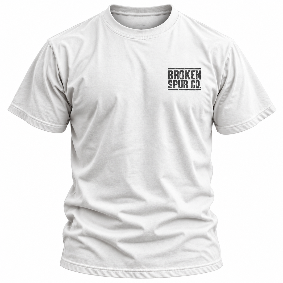 White Ruled Letterpress T-shirt, front view featuring the ruled Broken Spur letterpress wordmark