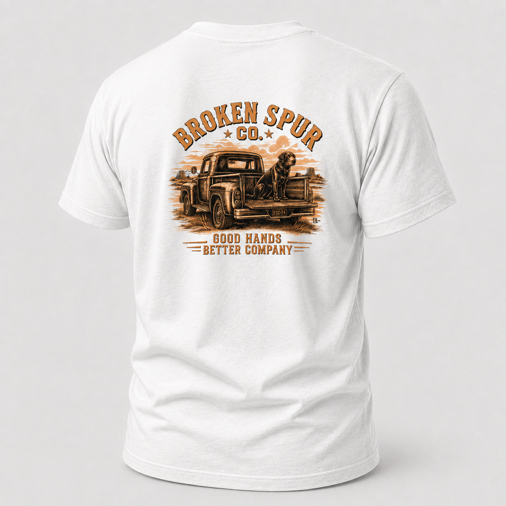 White Better Company Ranch Dog T-shirt, back view featuring an old ranch truck, loyal dog and Good Hands Better Company artwo