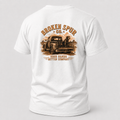 White Better Company Ranch Dog T-shirt, back view featuring an old ranch truck, loyal dog and Good Hands Better Company artwo