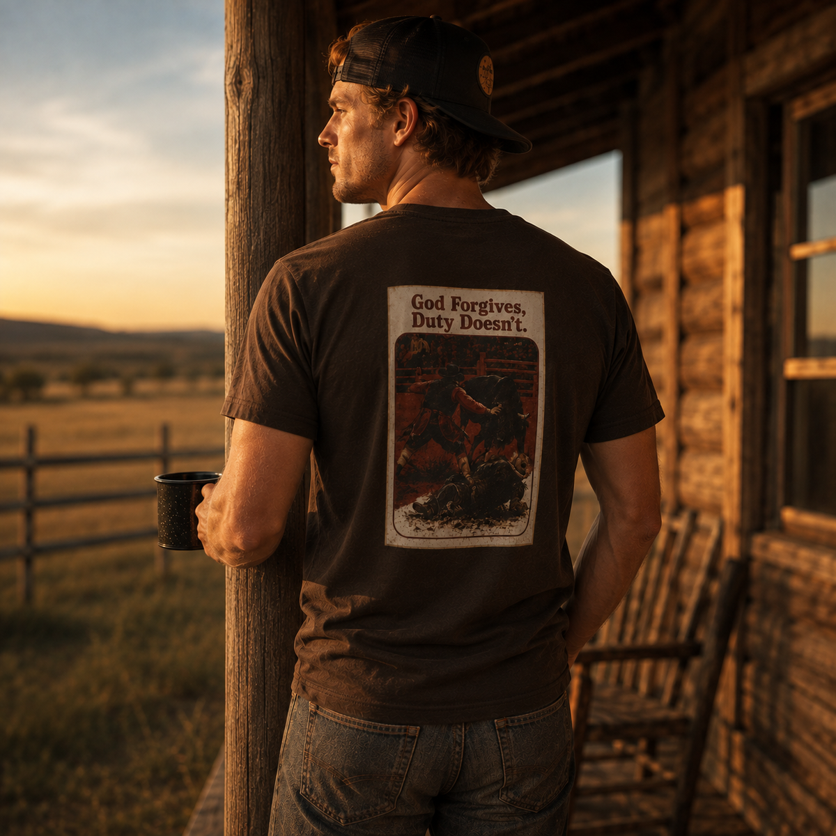 Lifestyle view of Duty Calls Rodeo Bullfighter T-shirt featuring a rodeo bullfighter and the God Forgives Duty Doesn't artwor